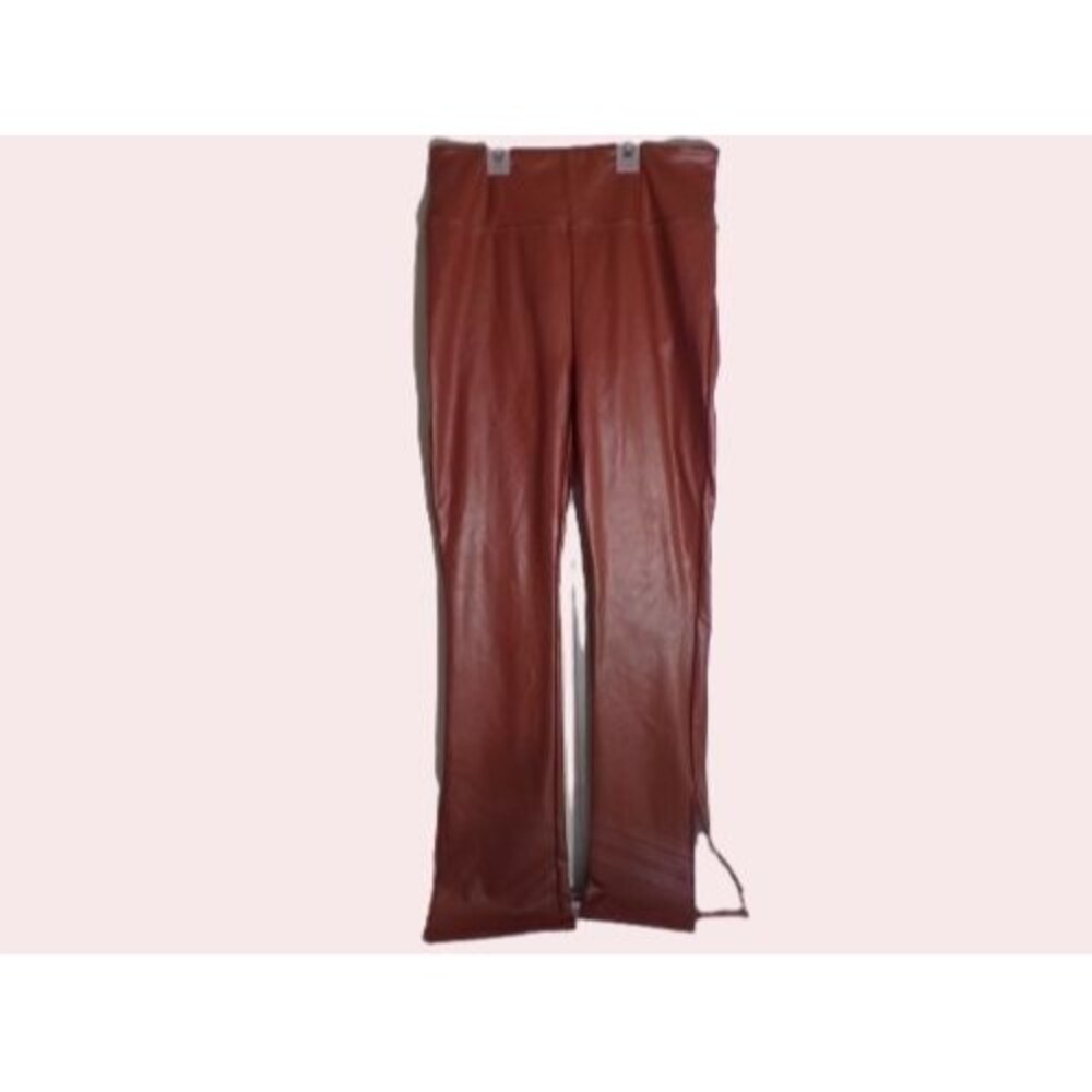 Shinestar Womens Vegan Faux Leather Leggings Pants Large Brown Bootcut Split Hem